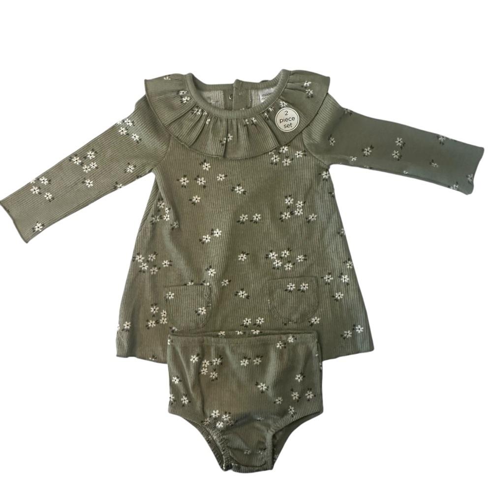 Gerber 2-Piece Baby Girl Olive Green Floral Dress & Bloomer- Set 6-9 months, NWT